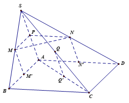 Cho hình chóp S.ABCD có ABCD là hình chữ nhật, AB = 4 cm, AD = 5 cm. Gọi M, N, P, M', N' lần lượt là trung điểm của các cạnh SB, SD, SA, AB, AD.a) Hình chiếu song song của điểm P theo phương (ảnh 1)