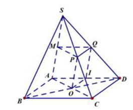 Cho hình chóp S.ABCD có đáy là hình vuông cạnh 4 tâm O. Gọi M, P, Q lần lượt là trung điểm của SA, SC, SD và (H) là ảnh của MPQ qua phép chiếu song song lên (ABCD) theo phương chiếu MA. Tính (ảnh 1)