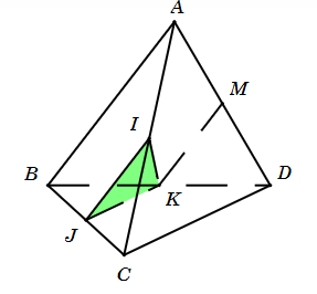 Cho tứ diện ABCD. Gọi I, J, K lần lượt là trung điểm của AC, BC và BD. Giao tuyến của hai mặt phẳng (IJK) và (ABD) là đường thẳng (ảnh 1)