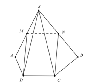 Cho hình chóp S.ABCD có đáy là hình thang, AB // CD và AB = 2CD. Gọi M, N lần lượt là trung điểm SA và SB. Khẳng định nào sau đây là đúng? (ảnh 1)