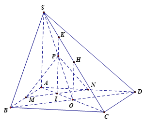 Cho hình chóp S.ABCD có đáy ABCD là hình bình hành tâm O. Gọi M, N, P lần lượt là trung điểm của AB, AD và SO. Gọi K là giao điểm của SC với mặt phẳng (MNP). Tính tỉ số \(\frac{{SK}}{{SC}}\). (ảnh 1)