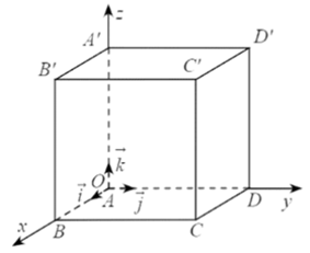 Cho hình lập phương ABCD.A′B′C′D′ có cạnh bằng 5. Chọn hệ trục toạ độ Oxyz có gốc toạ độ O trùng với A (ảnh 1)