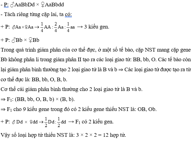 Ở một loài động vật giao phối, xét phép lai ♂ AaBbDd × ♀AaBbdd. Giả sử trong quá trình giảm phân của cơ thể đực, ở một số tế bào, cặp NST mang cặp gene Bb không phân li trong giảm phân II, các sự kiện khác diễn ra bình thường; cơ thể cái giảm phân bình thường. Theo lí thuyết, sự kết hợp ngẫu nhiên giữa các loại giao tử đực và cái trong thụ tinh có thể tạo ra tối đa bao nhiêu loại hợp tử thiếu NST? (ảnh 1)
