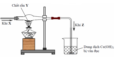 Hình vẽ sau đây mô tả thí nghiệm khí X tác dụng với chất rắn Y, nung nóng sinh ra khí Z: (ảnh 1)
