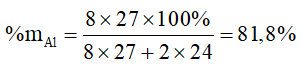 Trong hợp kim Al – Mg, cứ có 8 mol Al thì có 2 mol Mg. Tính thành phần phần trăm về khối lượng của Al trong hợp kim. (Làm tròn kết quả đến hàng phần mười). (ảnh 1)