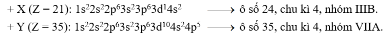 Câu 3: Nguyên tố X và Y có số hiệu nguyên tử lần lượt là 21 và 35. Viết cấu hình electron, từ đó xác định vị trí của X, Y (số thứ tự ô nguyên tố, chu kì và nhóm) trong bảng tuần hoàn. (ảnh 1)