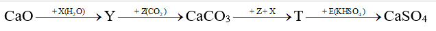 Cho sơ đồ chuyển hoá sau: CaO Y CaCO3 T CaSO4 Biết: X, Y, Z, T, E là các hợp chất khác nhau; mỗi mũi tên ứng với một phương trình hoá học. Các chất Z, E thoả mãn sơ đồ trên lần lượt là A. Na2CO3, H2SO4. B. CO2, KHSO4. C. NaHCO3, Na2SO4. D. CO2, BaSO4. (ảnh 2)