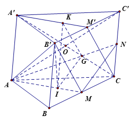 Cho lăng trụ tam giác ABC.A'B'C' có I, K, G lần lượt là trọng tâm các tam giác ABC, A'B'C', ACC'. Gọi M, M', N lần lượt là trung điểm BC, B'C', CC'.a) AMM'A' là hình bình hành.b) \(\frac{{AI} (ảnh 1)