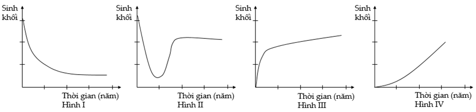 Giả sử sự thay đổi sinh khối trong quá trình diễn thế sinh thái của 4 quần xã sinh vật được mô tả ở các hình I, II, III và IV.  Trong 4 hình trên, 2 hình nào đều mô tả sinh khối của quần xã trong quá trình diễn thế nguyên sinh? (ảnh 1)