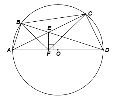      1. Trong mặt phẳng tọa độ \(Oxy,\) cho điểm \(A\left( {3;\,\,3} \right)\) và \(B\left( { - 3\sqrt 2 ;\,\,0} \right)\) như hình dưới đây.  Hỏi phép quay ngược chiều tâm \(O\) biến điểm \(A\) thành điểm \(B\) có góc quay bằng bao nhiêu độ?       2. Cho đường tròn tâm \(O,\) đường kính \(AD.\) Hai dây cung \(AC\) và \(BD\) cắt nhau tại \(E\) \((E\) nằm bên trong đường tròn \(\left( O \right)).\) Vẽ \(EF\) vuông góc với \(AD\) tại \(F.\) Chứng minh rằng:  a) Tứ giác \(ABEF\) nội tiếp.  b) \(FE\) là tia phân giác của \(\widehat {BFC}.\)  c) Điểm \(E\) là tâm đường tròn nội tiếp tam giác \(BCF.\) (ảnh 3)