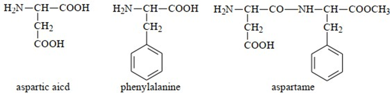 Sự kết hợp giữa aspartic acid và phenylalanine tạo thành peptide, peptide này có thể được chuyển đổi thành methyl ester gọi là aspartame. Công thức của aspatic acid, phenylalanine và aspartame được cho dưới đây:   Aspartame có vị ngọt nên được sử dụng trong thực phẩm không đường dành cho người bị tiểu đường. Ở nhiệt độ cao aspartame bị phân hủy tạo các amino acid tự do không có vị ngọt.  a. Tên thay thế của aspartic acid là 2-aminobutane-1,4-dioic acid. b. Tại pH = 11, khi đặt vào một điện trường, aspatic acid di chuyển về phía cực âm. c. Có thể sử dụng chất tạo ngọt aspartame để thay thế đường saccharose trong làm các loại bánh nướng. d. Số nguyên tử hydrogen trong phân tử aspartame là 19. (ảnh 1)
