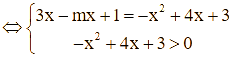 Cho phương trình ln(3x - mx + 1) = ln(-x^2 + 4x + 3) (ảnh 1)