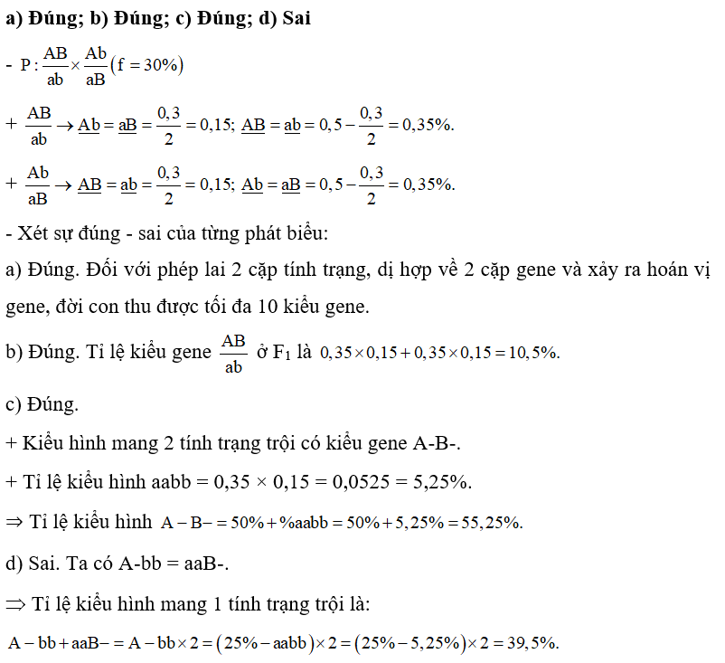Tiến hành phép lai AB/ab x Ab/aB (f= 30%) . Quá trình sinh giao tử đực và giao tử cái diễn ra như nhau. Theo lí thuyết, mỗi phát biểu sau là đúng hay sai? a) F1 có 10 loại kiểu gene. b) Tỉ lệ kiểu gene ở F1 là 10,5%. c) Tỉ lệ kiểu hình mang 2 tính trạng trội ở F1 chiếm 55,25%. d) Tỉ lệ kiểu hình mang 1 tính trạng trội ở F1 chiếm 19,75%. (ảnh 1)