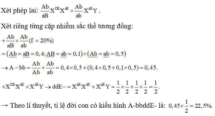 Cho biết mỗi gene quy định một tính trạng, các gene trội là trội hoàn toàn, tần số hoán vị gene giữa các gene A và B là 20%. Xét phép lai:   theo lí thuyết, tỉ lệ đời con có kiểu hình A-bbddE- là bao nhiêu? (ảnh 1)