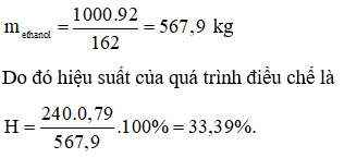 Ngô và mía là hai nguyên liệu chính được sử dụng trong sản xuất ethanol. Tuy nhiên chúng là những loại cây lương thực quan trọng, trong khi cellulose cũng có thể sản xuất ethanol, nhưng cellulose là nguồn nguyên liệu dồi dào, dễ tìm. Tuy giá thành sản xuất ethanol từ cellulose còn cao, xuất phát từ loại nấm được nuôi cấy để tạo cellulase là enzyme xúc tác cho phản ứng thuỷ phân cellulose thành glucose còn tốn kém nhiều về năng lượng, nhưng hướng đi này đang hứa hẹn nhiều viễn cảnh mới ở tương lai. Hiện tại, 1 tấn nguyên liệu cellulose khô tạo ra khoảng 240 lít ethanol. Hiệu suất của quá trình điều chế là h%, giá trị của h là? Cho khối lượng riêng của ethanol là 0,79 g/mL. (ảnh 1)