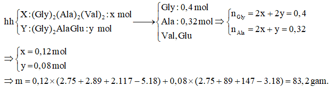 Cho X là Ala-Gly-Ala-Val-Gly-Val và Y là Gly-Ala-Gly-Glu. Thủy phân hoàn toàn m gam hỗn hợp gồm X và Y thu được 4 amino acid, trong đó có 30 gam glycine và 28,48 gam alanine. Giá trị của m là (ảnh 1)