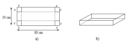  Từ một tấm bìa hình chữ nhật có chiều rộng 30 cm và chiều dài 80 cm (Hình 4a), người ta cắt ở bốn góc bốn hình vuông có cạnh  x (ảnh 1)