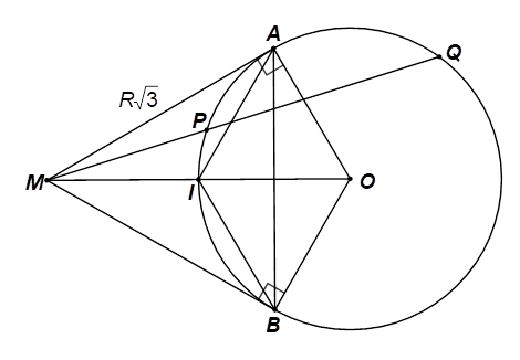 Cho đường tròn \(\left( {O;R} \right).\) Từ điểm \(M\) nằm ngoài đường tròn \[\left( {O;R} \right),\] kẻ các tiếp tuyến \[MA\] và \[MB\] với đường tròn đó \[(A,{\rm{ }}B\] là các tiếp điểm) sao cho \(MA = R\sqrt 3 .\) a) Chứng minh rằng tứ giác \(AMBO\) nội tiếp đường tròn và tính bán kính đường tròn nội tiếp tam giác \(MAB.\) b) Vẽ đường thẳng \(d\) đi qua \[M\] cắt đường tròn \(\left( O \right)\) tại hai điểm \[P,{\rm{ }}Q\] sao cho \(P\) nằm giữa \(M\) và \(Q.\) Xác định vị trí của đường thẳng \[d\] sao cho \[MP + MQ\] đạt giá trị nhỏ nhất. (ảnh 1)