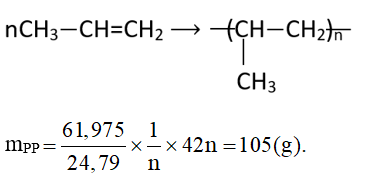 Trùng hợp hoàn toàn 61,975 lít khí CH3−CH=CH2 (đkc) thì thu được m gam polypropylene (nhựa PP). Giá trị của m là bao nhiêu gam? Biết hiệu suất của phản ứng trùng hợp là 80%. (ảnh 1)