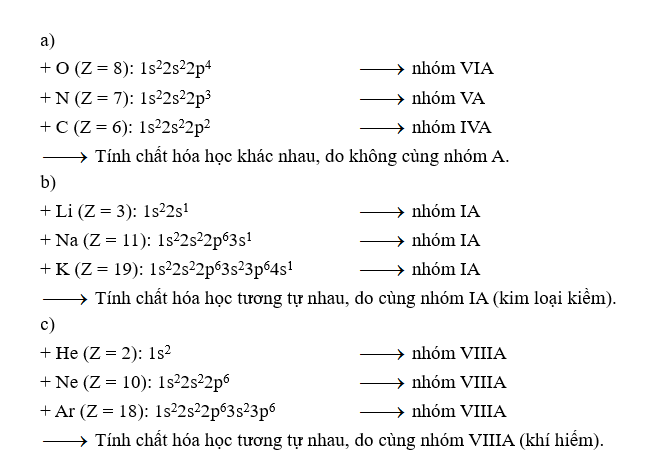 Dãy nào gồm các nguyên tố có tính chất hóa học tương tự nhau? Vì sao? (ảnh 1)