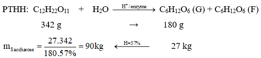 Trong công nghiệp, saccharose là nguyên liệu để thủy phân thành glucose và fructose dùng trong kĩ thuật tráng gương, ruột phích. Để thu được 27 kg glucose cần thủy phân m kg saccharose với hiệu suất phản ứng là 57%. Giá trị của m là (ảnh 1)