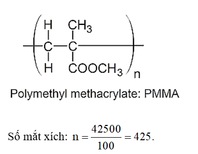 Một phân tử poly(methyl methacrylate) có phân tử khối bằng 42500. Số mắt xích trong phân tử polymer trên bằng bao nhiêu? (ảnh 1)