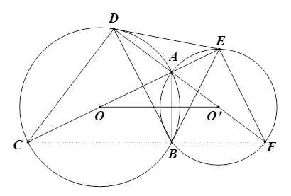      1. Trên mặt phẳng toạ độ \[Oxy\] cho \(A\left( { - 2;\,\, - 2} \right).\) Phép quay thuận chiều \[90^\circ \] tâm \[O\] biến điểm \[A\] thành điểm \[I.\] Khi đó, hãy tìm tọa độ của điểm \(I.\)       2. Cho hai đường tròn \(\left( O \right)\) và \(\left( {O'} \right)\) cắt nhau tại hai điểm phân biệt \(A,\,\,B.\) Đường thẳng \(AO\) cắt hai đường tròn \(\left( O \right)\) và \(\left( {O'} \right)\) lần lượt tại hai điểm \(C,\,\,E\) (khác điểm \(A).\) Đường thẳng \(AO'\) cắt hai đường tròn \(\left( O \right)\) và \(\left( {O'} \right)\) lần lượt tại hai điểm \(D,\,\,F\) (khác điểm \(A).\) Chứng minh:  a) \(C,\,\,B,\,\,F\) thẳng hàng.  b) Tứ giác \(CDEF\) nội tiếp đường tròn.  c) \(A\) là tâm đường tròn nội tiếp tam giác \(BDE.\) (ảnh 2)