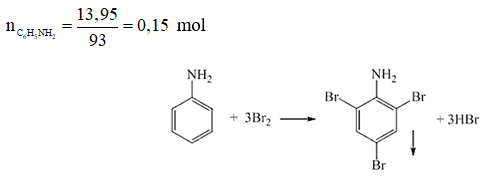 Cho 13,95 gam aniline tác dụng hoàn toàn với dung dịch Br2. Sau phản ứng thu được m gam kết tủa trắng. Tính giá trị của m? (ảnh 1)