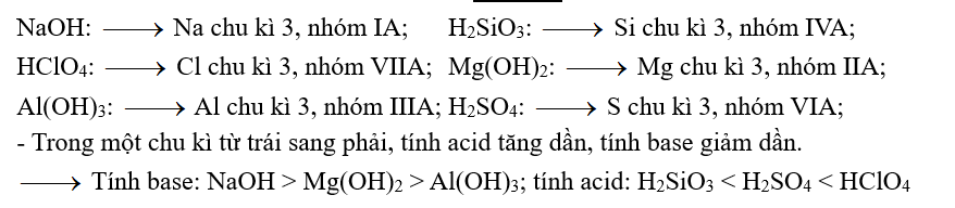 Câu 13: Sắp xếp các hợp chất sau theo xu hướng biến đổi tính acid – base: NaOH, H2SiO3, HClO4, Mg(OH)2, Al(OH)3, H2SO4. (ảnh 1)