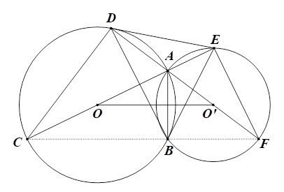 Cho hai đường tròn \(\left( O \right)\) và \(\left( {O'} \right)\) cắt nhau tại hai điểm phân biệt \(A,\,\,B.\) Đường thẳng \(AO\) cắt hai đường tròn \(\left( O \right)\) và \(\left( {O'} \right)\) lần lượt tại hai điểm \(C,\,\,E\) (khác điểm \(A).\) Đường thẳng \(AO'\) cắt hai đường tròn \(\left( O \right)\) và \(\left( {O'} \right)\) lần lượt tại hai điểm \(D,\,\,F\) (khác điểm \(A).\) Chứng minh:  a) \(C,\,\,B,\,\,F\) thẳng hàng và tứ giác \(CDEF\) nội tiếp đường tròn.  b) \(A\) là tâm đường tròn nội tiếp tam giác \(BDE.\) (ảnh 1)