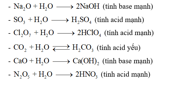 Câu 14: Cho các oxide sau: Na2O, SO3, Cl2O7, CO2, CaO, N2O5. Viết các PTHH biểu diễn phản ứng với nước (nếu có) của các oxide trên và nhận xét về tính chất acid – base của chúng. (ảnh 1)