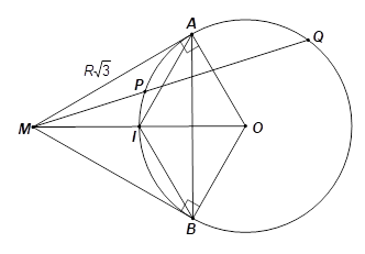 Cho đường tròn \(\left( {O;R} \right).\) Từ điểm \(M\) nằm ngoài đường tròn \[\left( {O;R} \right),\] kẻ các tiếp tuyến \[MA\] và \[MB\] với đường tròn đó \[(A,{\rm{ }}B\] là các tiếp điểm) sao cho \(MA = R\sqrt 3 .\) a) Chứng minh rằng tứ giác \(AMBO\) nội tiếp đường tròn và tính bán kính đường tròn nội tiếp tam giác \(MAB.\) b) Vẽ đường thẳng \(d\) đi qua \[M\] cắt đường tròn \(\left( O \right)\) tại hai điểm \[P,{\rm{ }}Q\] sao cho \(P\) nằm giữa \(M\) và \(Q.\) Xác định vị trí của đường thẳng \[d\] sao cho \[MP + MQ\] đạt giá trị nhỏ nhất. (ảnh 1)