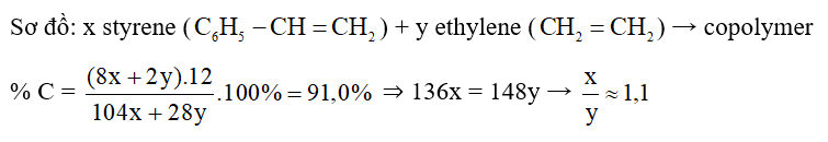 Copolymer được tạo thành từ 2 monomer khác nhau. Khi thực hiện phản ứng trùng hợp gồm ethylene và styrene thu được copolymer X. Phân tích thành phần nguyên tố của X thấy phần trăm khối lượng của carbon bằng 91,0%. Tỉ lệ số mol của styrene : số mol ethylene trong copolymer X bằng bao nhiêu? (Kết quả làm tròn đến hàng phần mười) (ảnh 1)