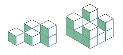 d) Hai hình bên được ghép bởi các khối lập phương cạnh 1 cm.  Tổng thể tích của hai hình là: 	 (ảnh 1)