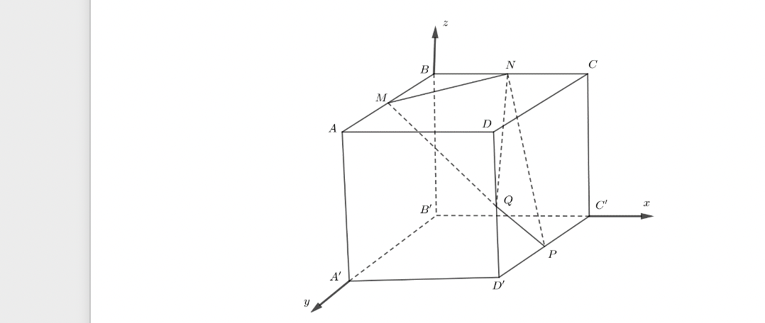 (Trả lời ngắn)Cho hình lập phương ABCD,A'B'C'D' có độ dài cạnh bằng 1. Gọi M,N,P,Q lần lượt là trung điểm của AB,BC,C'D',DD'. Chọn hệ tọa độ Oxyz  như hình vẽ, xác định tọa độ các điểm M,N,P,Q. (ảnh 2)