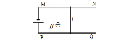 Thanh L có chiều dài 10cm nặng 40gam điện trở 1,9Omega tựa trên hai thanh MN và PQ có điện trở không đáng kể (ảnh 1)