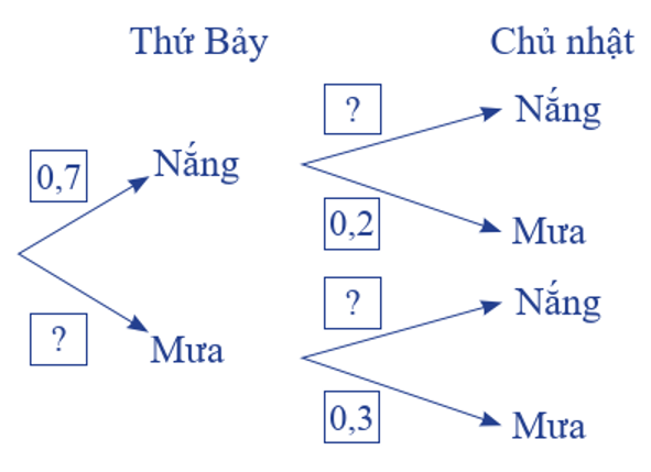 Bạn Việt chuẩn bị đi tham quan một hòn đảo trong hai ngày thứ Bảy và Chủ nhật. Ở hòn đảo đó, mỗi ngày chỉ có nắng hoặc mưa, nếu một ngày là nắng thì khả năng xảy ra mưa ở ngày tiếp theo là \(20\% \), còn nếu một ngày là mưa thì khả năng ngày hôm sau vẫn mưa là \(30\% \). Theo dự báo thời tiết, xác suất trời sẽ nắng vào thứ Bảy là 0,7 .  Hãy tìm các giá trị thích hợp thay vào ô có dấu ? ở sơ đồ hình cây sau: (ảnh 1)