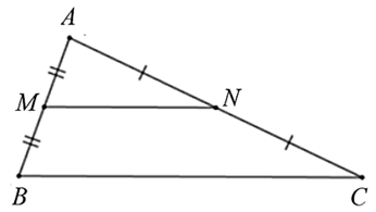 Cho tam giác ABC M và N thứ tự là trung điểm của AB, AC. Biết MN = 8 (ảnh 1)
