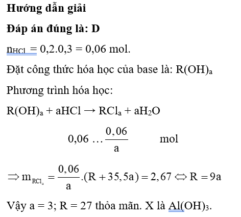 Để hòa tan hoàn toàn một base X thì cần vừa đủ 200 mL dung dịch HCl 0,3M. Cô cạn dung dịch thì được 2,76 gam muối chloride. Công thức hóa học của X là (ảnh 1)