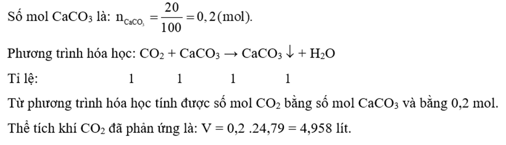 Dẫn khí CO2 từ từ qua dung dịch nước vôi trong (Ca(OH)2). Sau khi phản ứng kết thúc, trong dung dịch vẫn còn dư Ca(OH)2 và tạo ra 20 gam CaCO3. Tính thể tích khí CO2 (đkc) đã tham gia phản ứng. (ảnh 1)