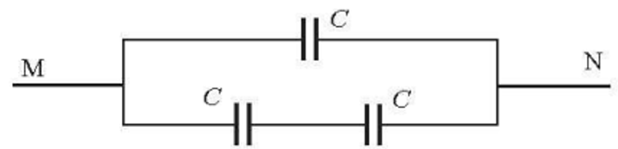 Xét các tụ điện giống nhau có điện dung \(C = 20pF.\)Ghép các tụ điện thành bộ tụ như hình vẽ và nối hai điểm M, N với nguồn điện có hiệu điện thế \(U = 12{\rm{\;V}}\). Điện tích của bộ tụ là (ảnh 1)