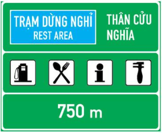 Ý nghĩa các biểu tượng ghi trên biển chỉ dẫn là gì?  A. Xăng dầu, ăn uống, thông tin, sửa chữa xe (ảnh 1)