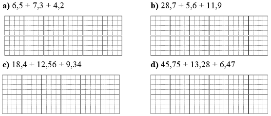 Tính:  A) 6,5 + 7,3 + 4,2     	  B) 28,7 + 5,6 + 11,9        C) 18,4 + 12,56 + 9,34 (ảnh 1)