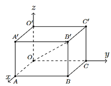 Trong không gian Oxyz, cho hình hộp chữ nhật OABC.O'A'B'C' có ba đỉnh A, C, O' lần lượt nằm trên ba tia Ox, Oy, Oz và có ba cạnh OA = 6; OC = 8; OO' = 5 (tham khảo hình vẽ mình họa).  (ảnh 1)