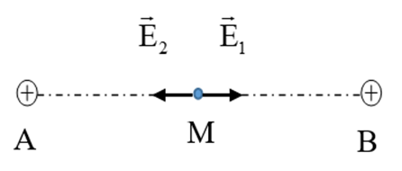 Cho 2 điện tích điểm q1 = 5.10-9 C; q2 = 5.10-9 C lần lượt đặt tại 2 điểm A, B cách nhau 10 cm trong chân không. Xác định cường độ điện trường tại điểm M nằm tại trung điểm của AB ? (ảnh 1)