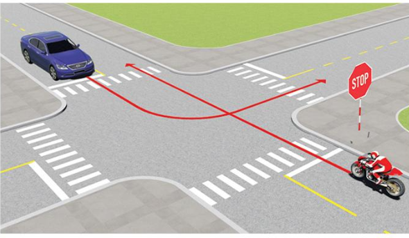 Trường hợp này xe nào được quyền đi trước?  A. Mô tô. B. Xe con. (ảnh 1)
