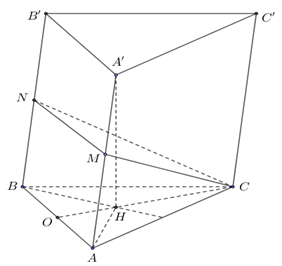 Cho hình lăng trụ ABC.A'B'C' có A'ABC là tứ diện đều cạnh a. Gọi M, N lần lượt là trung điểm của (ảnh 1)