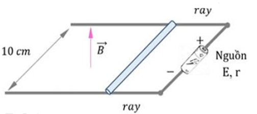 Hai thanh ray nằm ngang, song song và cách nhau một đoạn 10 cm đặt trong từ trường đều (vec B) hướng thẳng đứng và có độ lớn cảm ứng từ là (ảnh 1)
