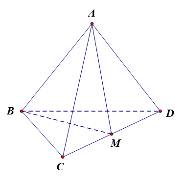 Cho tứ diện đều ABCD có cạnh bằng 8 và M là trung điểm CD. Tính \(\overrightarrow {AB} .\overrightarrow {AM} \). (ảnh 1)