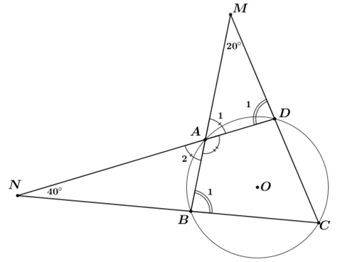 Cho tứ giác ABCD nội tiếp đường tròn (O) có hai tia AB;DC kéo dài cắt nhau tại M sao cho (ảnh 1)